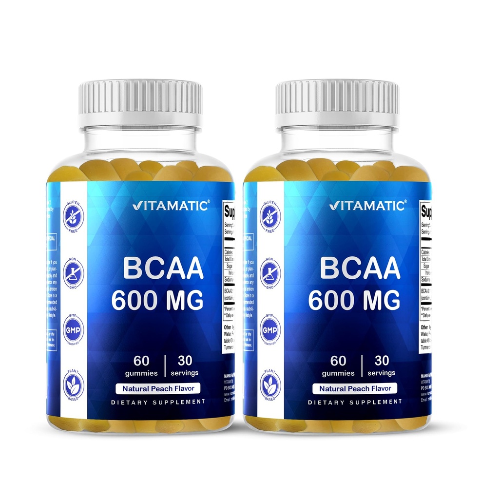 Vitamatisk BCAA Gummies - Branch Chain Aminosyretilskud - Peach Flavor - 600mg per servering - 60 Vegan Pectin baseret Gummies (2 flasker)