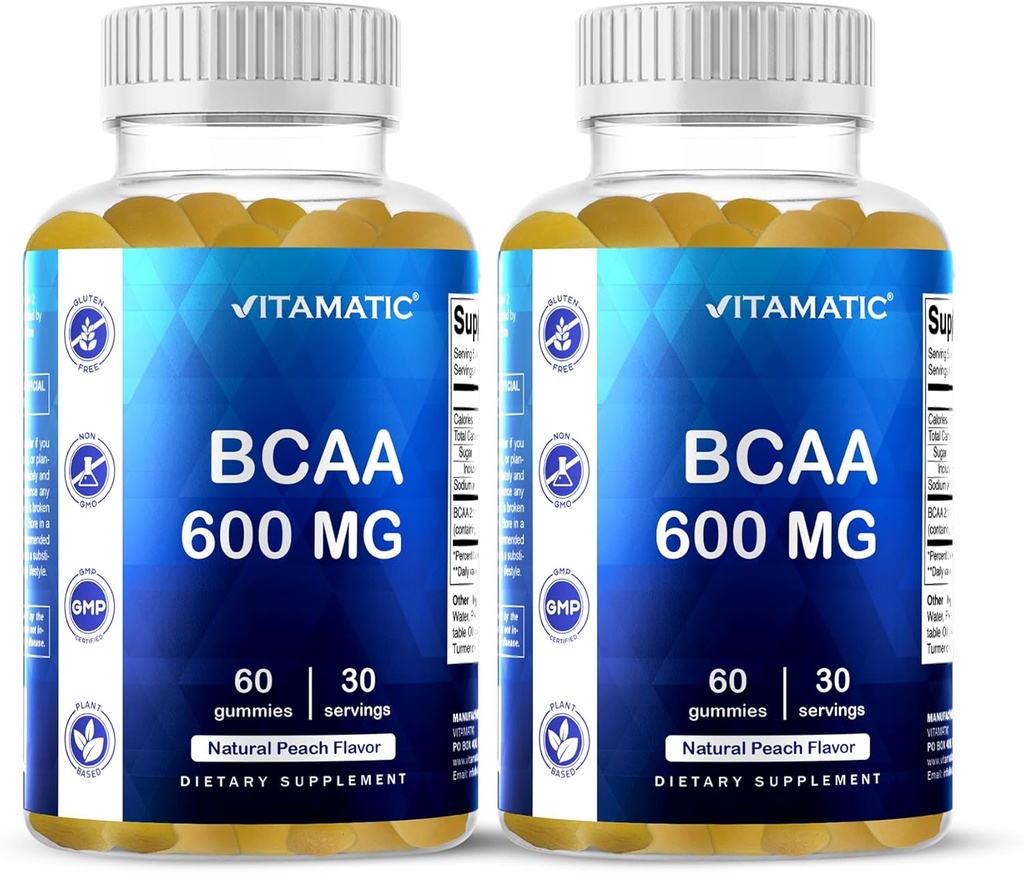 Vitamatisk BCAA Gummies - Branch Chain Aminosyretilskud - Peach Flavor - 600mg per servering - 60 Vegan Pectin baseret Gummies (2 flasker)