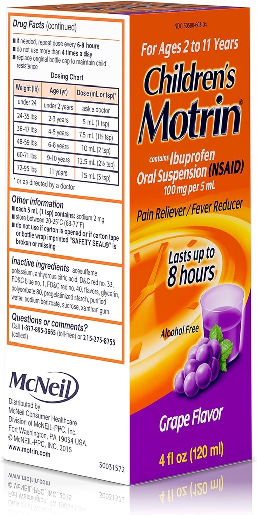 Motrin Children 's Oral Suspension Grape Flavor - 4 oz, pakke med 4