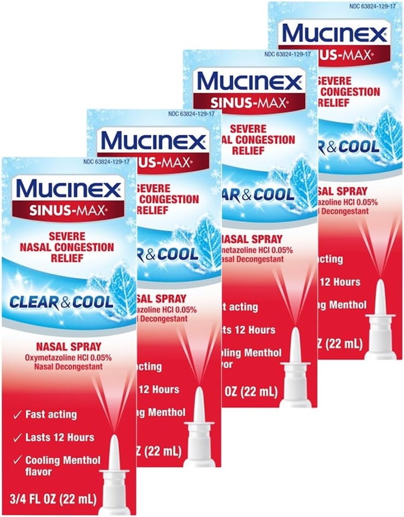 Mucinex Nasal Decongestant Spray, Sinus- Max Svær Nasal Congestion Relief Clear & Cool Nasal Spray, Lasts 12 Timer, Hurtig fungerende, Køling Menthol Flavor, Packaging May Vary, 0,75 Fl Oz (pakke med 4)