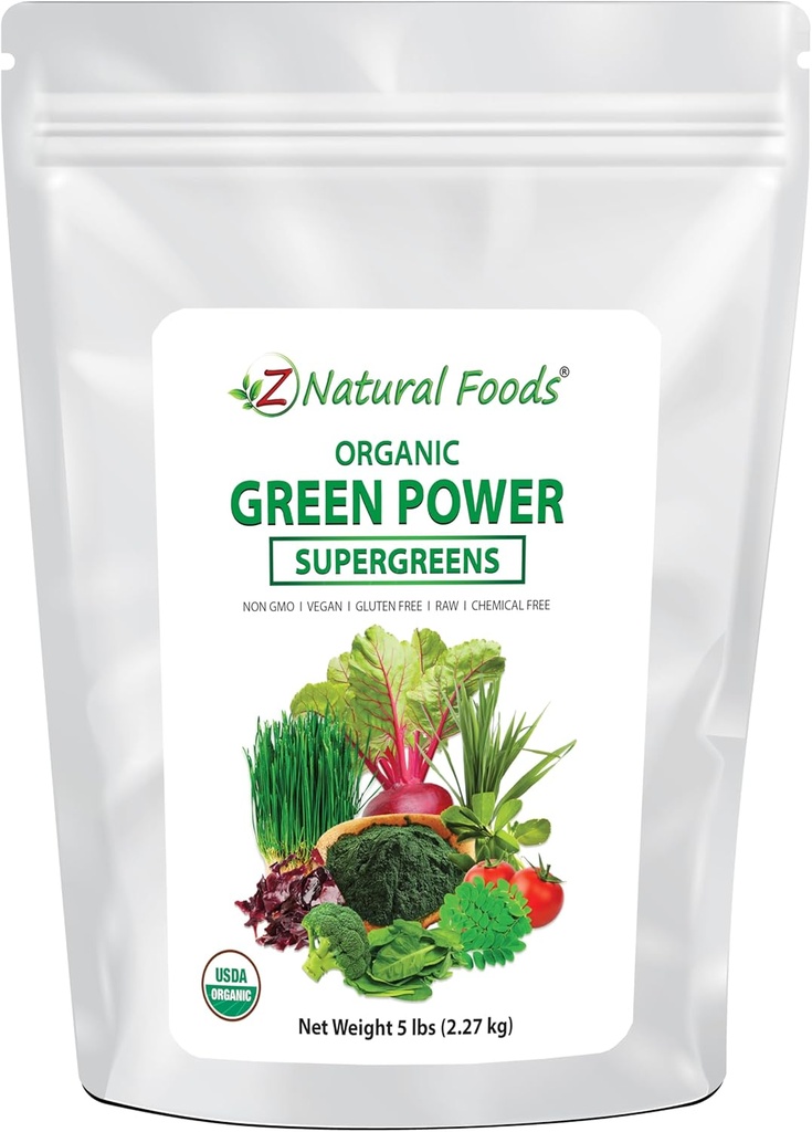 Z Natural Foods Organic Green Superfood Powder - Barley Grass, Wheatgrass, Spirulina, Spinach, Broccoli, Alfalfa Leaf, Beet Root, Tomato, Dulse & Moringa - Raw Vegan Gluten Free - 5lbs