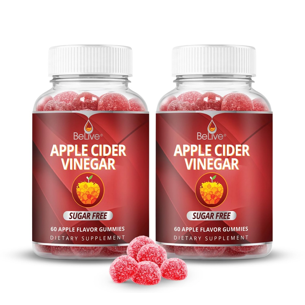 BeLive Apple Cider Vineddike Sukker Gratis Gummies - Great for fordøjelse og sund kost - Gluten Free, Ingen Glucose Syrup, ACV Gummies Alternativ til kapsler og drikke (120 Ct) - 2 Pack