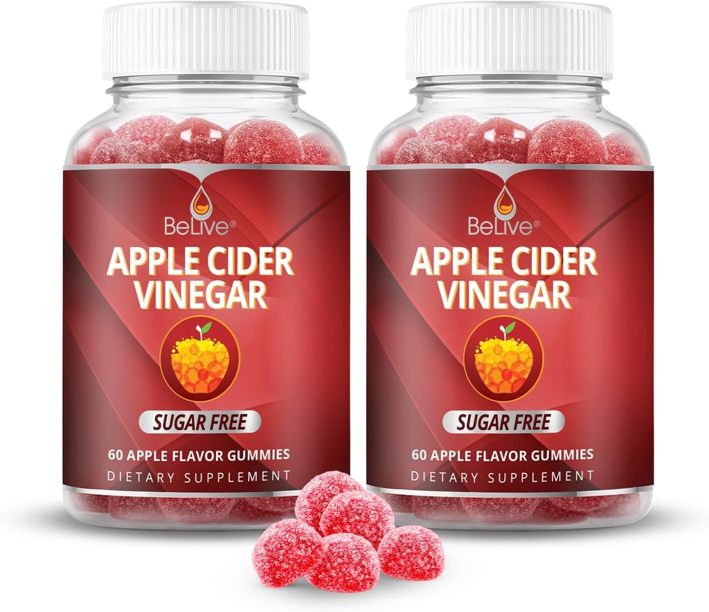 BeLive Apple Cider Vineddike Sukker Gratis Gummies - Great for fordøjelse og sund kost - Gluten Free, Ingen Glucose Syrup, ACV Gummies Alternativ til kapsler og drikke (120 Ct) - 2 Pack