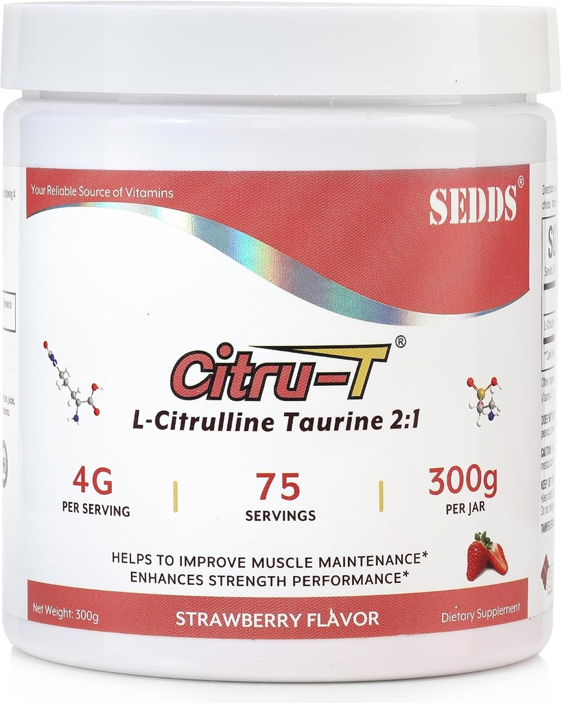 Strawberry- Flavored L- Citrullin Taurin 2: 1, L Citrullin Powder, Unflavored Vegan Taurine Powder, Pre-workout sports Nutrition for mænd og kvinder, 1 Pund of Powder Every Can