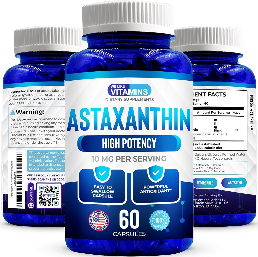 Vi kan lide Vitaminer Astaxanthin 10mg Softgel - Højt Potent Astaxanthin Kosttilskud fra Haematococcus Pluvialis - Forbedrer øje, fælles, Hud Sundhed & Energiniveauer - 60 Greve, 2 Måned Supply
