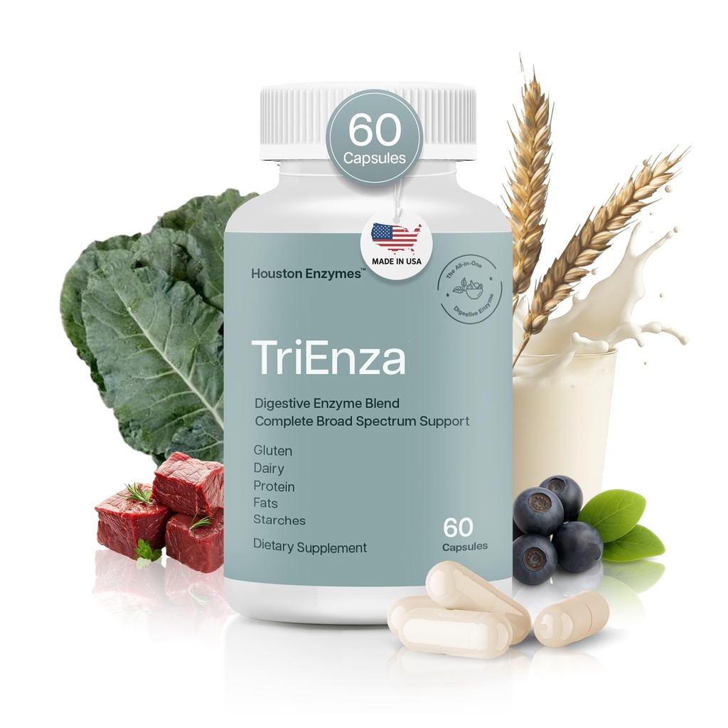 Houston Enzymes TriEnza - fordøjelsesenzymer supplement til gluten, casein, soja, proteiner, kulhydrater, fedtstoffer & polyphenoler - fordøjelsesenzymer til kvinder og mænd (60 kapsler)