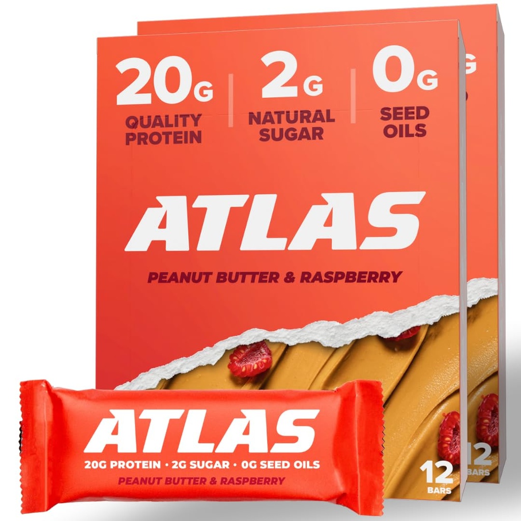 Atlas Protein Bar, 20g Protein, 1g Sukker, Rene ingredienser, Gluten Free (Jordnøddesmør Hindbær, 12 Greve (pakke af 2))
