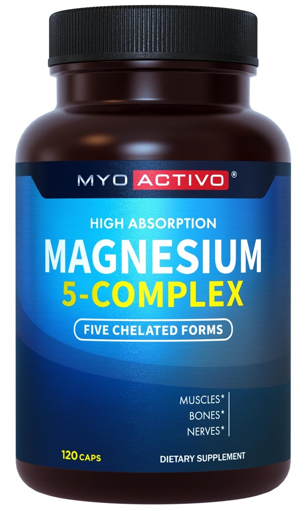 5- in-1 Magnesiumkompleks - Høj Absorption - Chelated Magnesiumglycinat, Malat, Citrat, Taurat, & Aspartat for Nerves, Muskler, Bones 124; 120 Kapsler