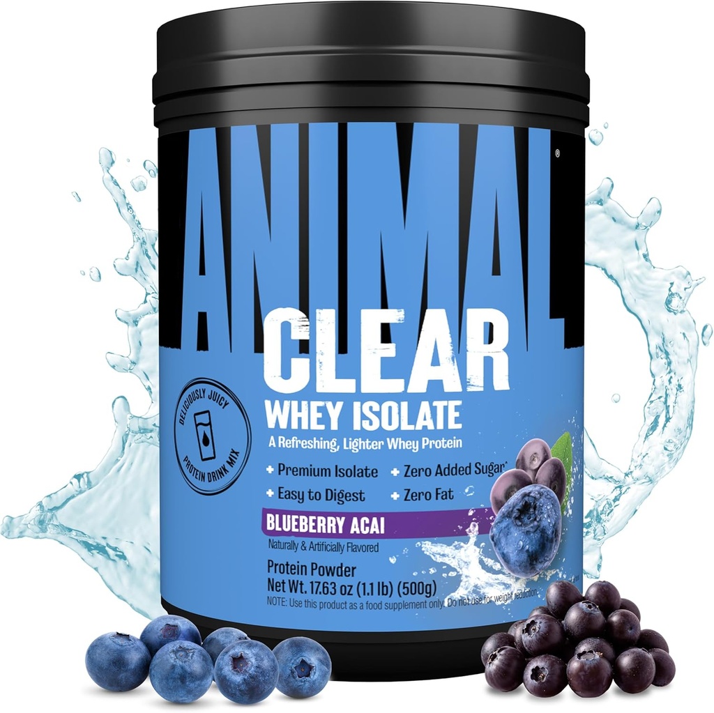 Clear Whey Isolate Protein Powder - Nem at Digest og Mix, 5g BCAA, Delicely Juicy, Forfriskning Anytime Drink for mænd og kvinder, Blåbær Acai 500g (20 Servere)