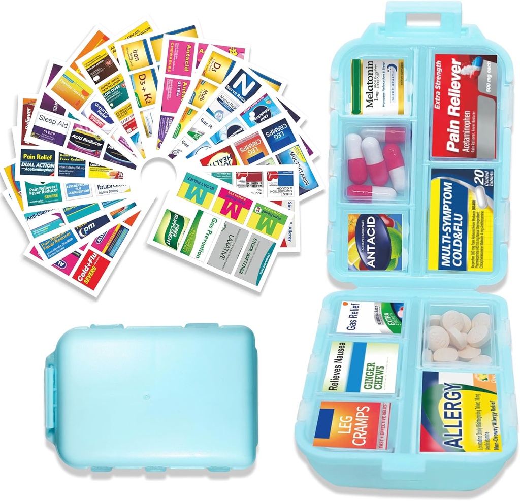 Pill Organizer med Medicine Labels 146 Labels Travel Daily Pill Container Mini Medication Organizer Storage Pill Organizer Travel Essentials Pill Case 7 Dag (Blå, 1 Pack (Stor))