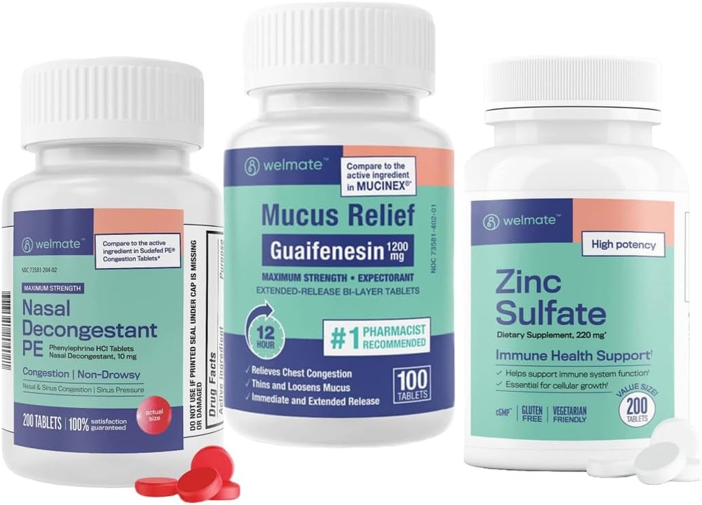 WELMATE Ultimate Cold & Allergy Relief Bundle: Maksimal styrke Guaifenesin 1200 Mg Mucus Relief (100 tabletter), Phenylephrin HCl 10 mg Nasal Decongestant (200 tabletter) & Zink Sulfate 220mg