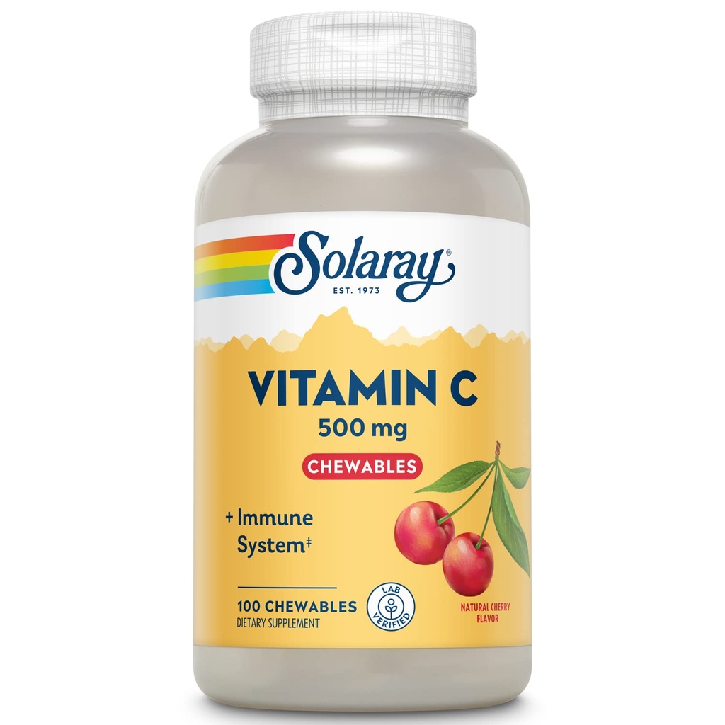 SOLARAY Chewable C-vitamin 500 mg, Natural Cherry Flavor med naturlige sødestoffer, Antioxidant og immun Support Supplement med hel fødevarebase, 60- dag garanti, 100 Servere, 100 Chewables