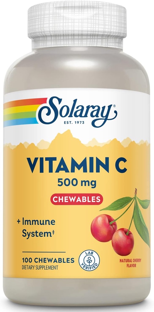 SOLARAY Chewable C-vitamin 500 mg, Natural Cherry Flavor med naturlige sødestoffer, Antioxidant og immun Support Supplement med hel fødevarebase, 60- dag garanti, 100 Servere, 100 Chewables
