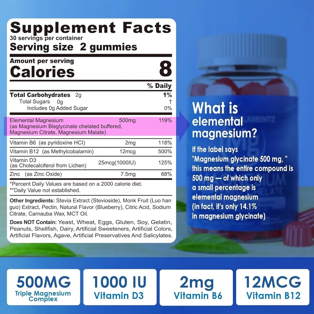 Magnesiumsupplement 500mg, Magnesiumkompleks gummies w / Magnesiumglycinat, malat, citrat, D3, B6, B12 for søvn, migræne relief, muscle & bone, Ultimate Absorption Magnesiumtillæg, 2 pakning
