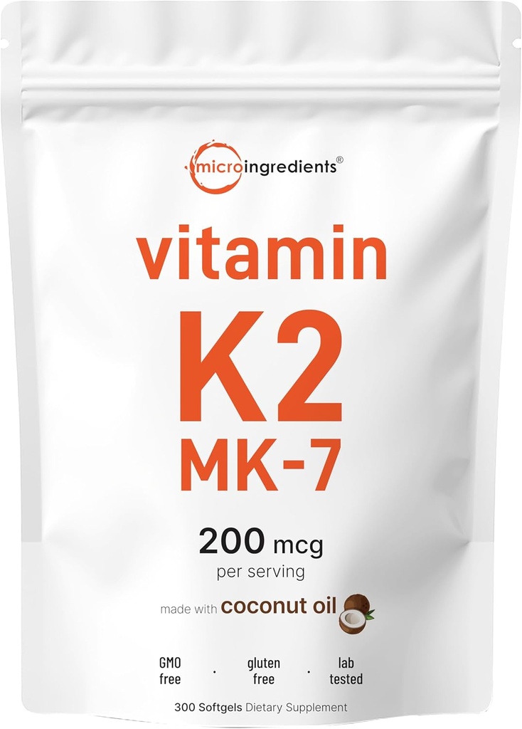 Micro Ingredients Vitamin K2 MK- 7 Supplement, 200 mcg Per Serving, 300 Kokosolie Softgles - 124; Nemt Absorberet, Active Menaquinone Form - 124; Immunation, Joint, & Heart Support