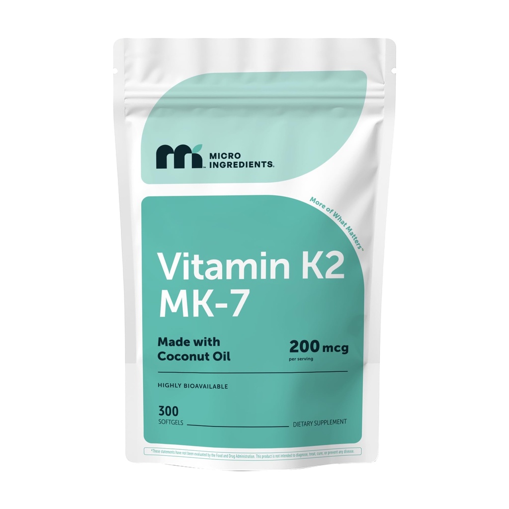 Micro Ingredients Vitamin K2 MK- 7 Supplement, 200 mcg Per Serving, 300 Kokosolie Softgles - 124; Nemt Absorberet, Active Menaquinone Form - 124; Immunation, Joint, & Heart Support
