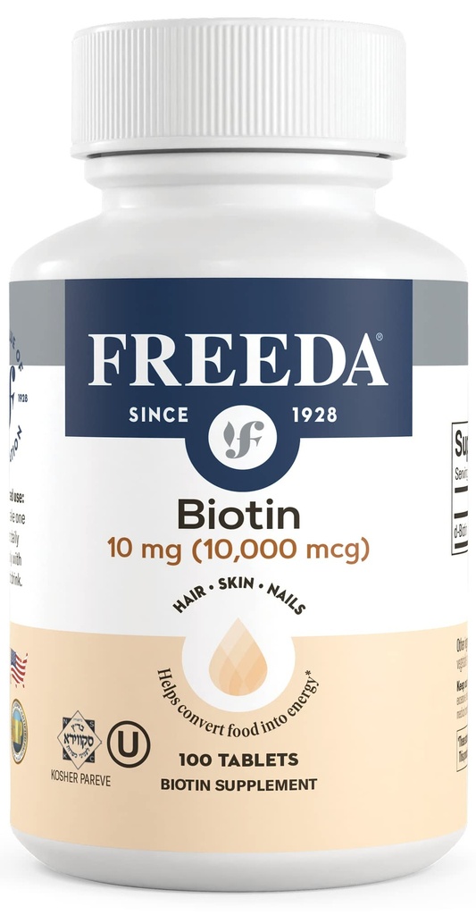 FREEDA biotin 10.000 mcg - Kosher hår, hud og negle tillæg - høj potens B7 for hårvækst & stærke negle - Vegan tabletter med D-biotin - 100 små tabletter