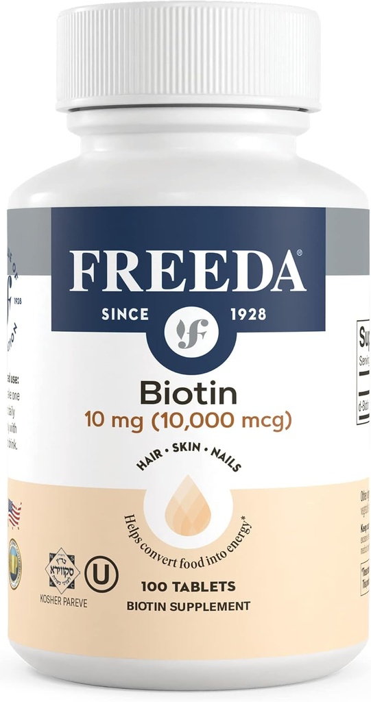 FREEDA biotin 10.000 mcg - Kosher hår, hud og negle tillæg - høj potens B7 for hårvækst & stærke negle - Vegan tabletter med D-biotin - 100 små tabletter