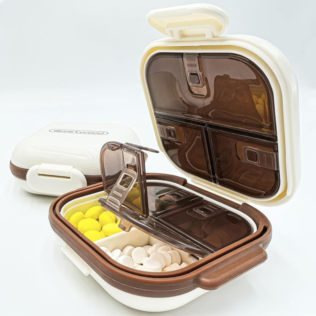 Sammenklappelige Lille Pill sag med 7 store kompartmenter, let at åbne Daily Pill Box for purse, Travel Pill Organizer Pill Container Pill Holder for Vitaminer, Kosttilskud og Medicin (Beige)