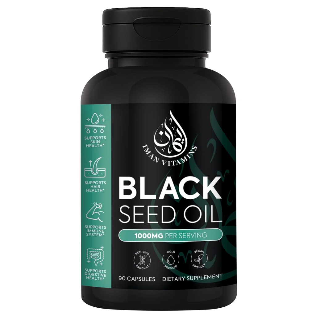 Halal Natural Black Seed Oil Capsules 1000mg Cold Pressed, Vegan, Non- GMO Nigella Sativa Capsules, Gluten Free Pills