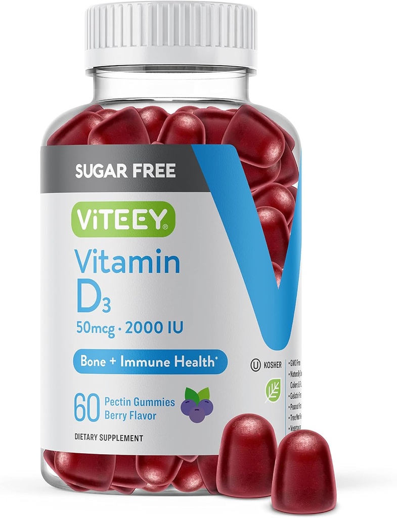 Viteey Vitamin D3 Gummies for voksne & Teens - 2.000 IE, 50mcg - Sugar Free, Bone, Joint & Muscle Health, immunboost - Vegetar, Gelatine Free, GMO Free - Tasty Chewable Berry Flavored Gummy
