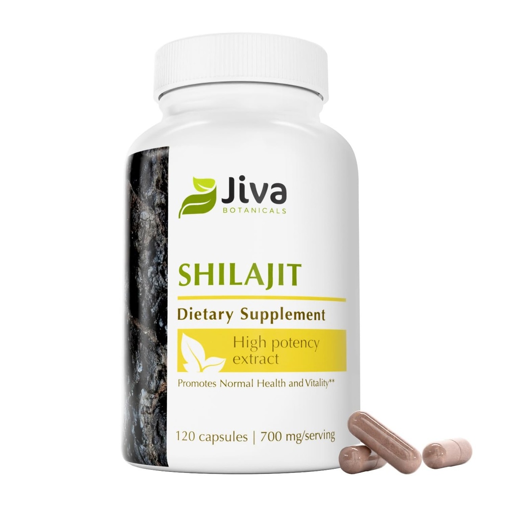 Jiva Botanicals Premium Shilajit Supplement 700 mg - Shilajit Capsules Extract with Minerals, Fulvic / Humanic Acid for Immunsupport & Nomal fordøjelsessygdom - 120 Vegansk Capsule (pakning med 1)
