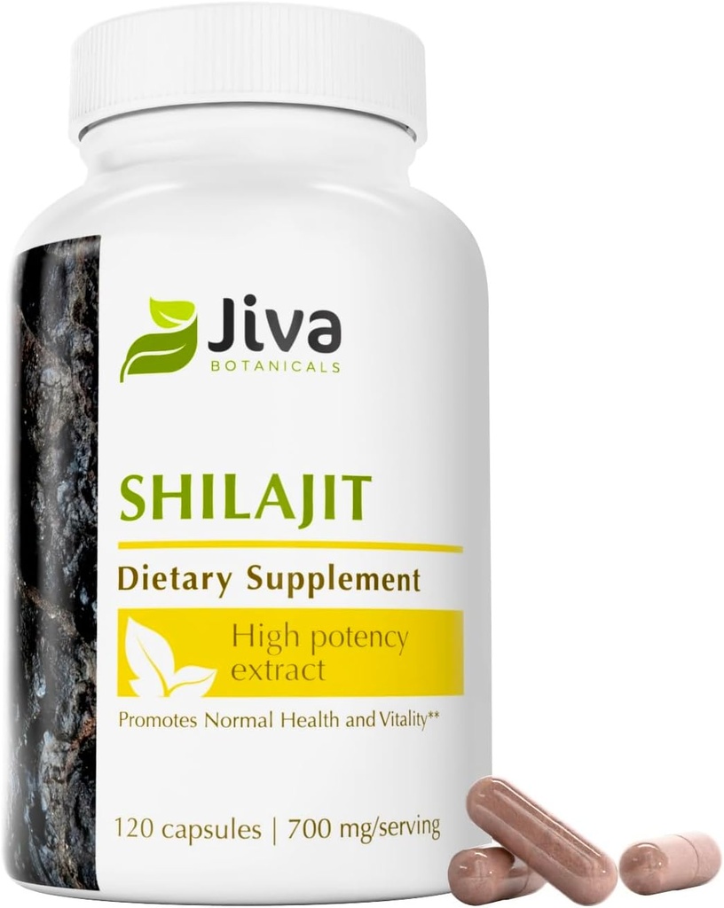Jiva Botanicals Premium Shilajit Supplement 700 mg - Shilajit Capsules Extract with Minerals, Fulvic / Humanic Acid for Immunsupport & Nomal fordøjelsessygdom - 120 Vegansk Capsule (pakning med 1)