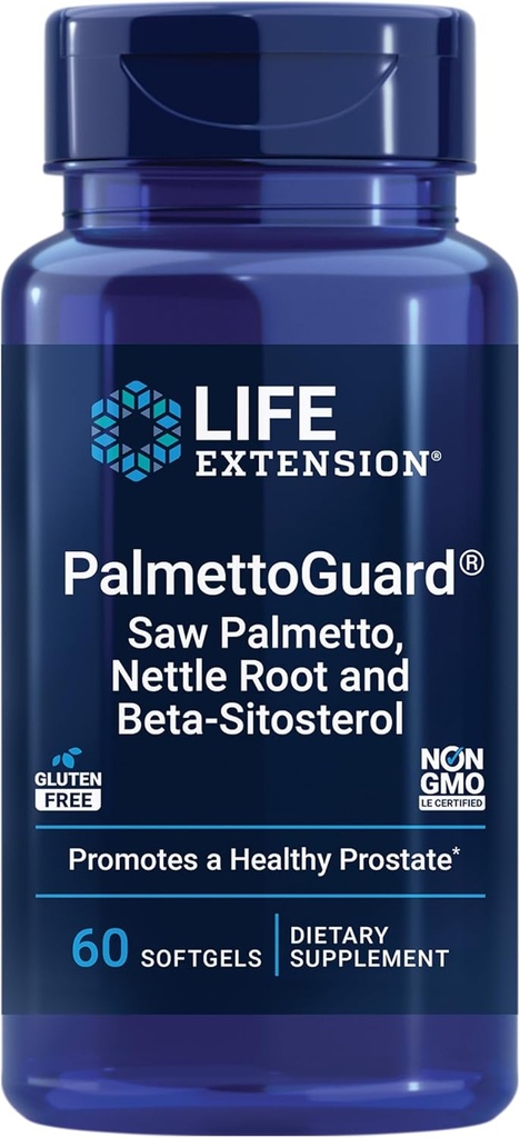 Life Extension PalmettoGuard ® Saw Palmetto, Nettle Root og Beta- sitosterol, Understøtter sund prostata funktion & Hormone Metabolisme, 160 mg Saw Palmetto til mænd, Gluten- Free, Non- GMO, 60 bløddele