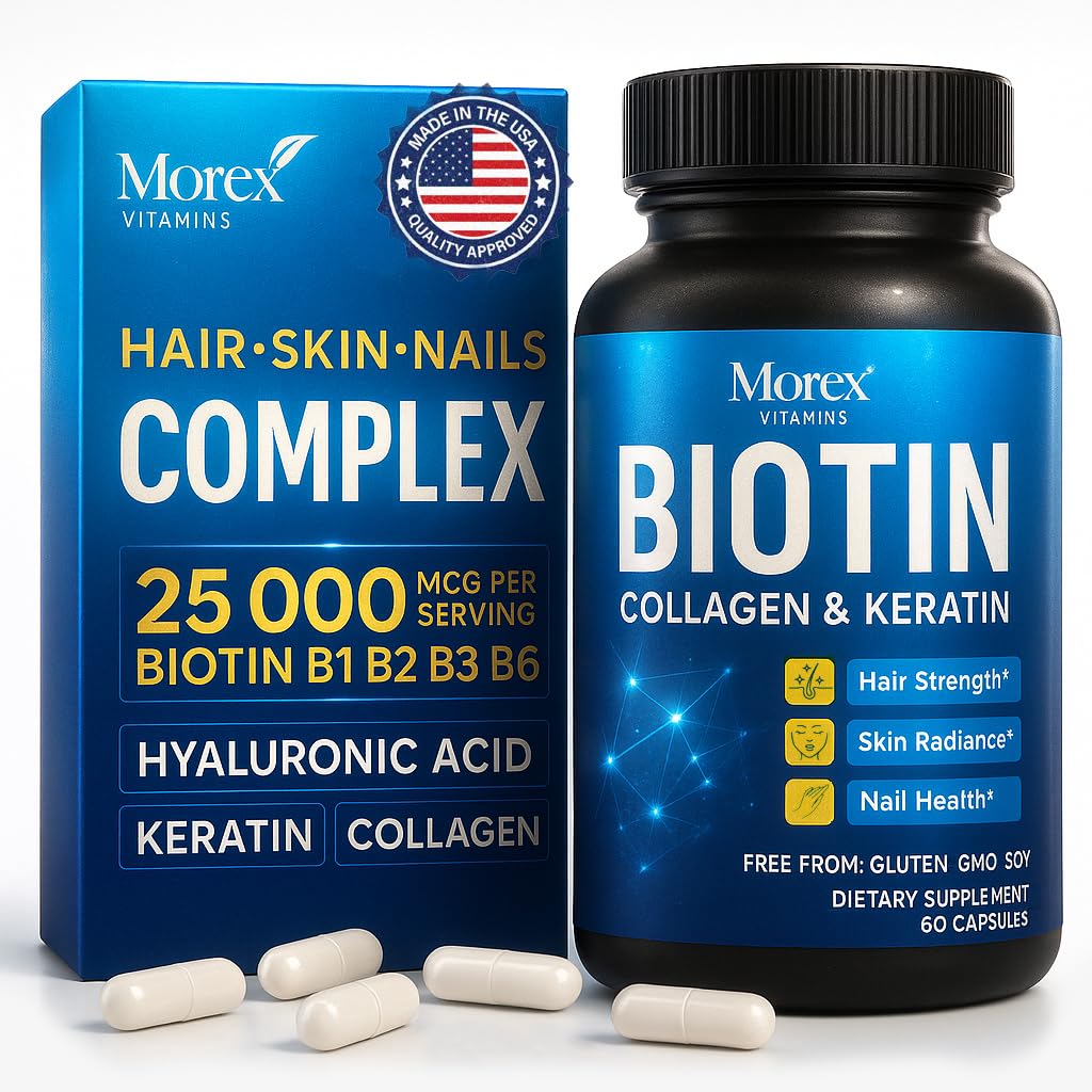 Biotin Keratin & Collagen kapsler - Lavet i USA - Natural Collagen, Keratin & Biotin til hårvækst - Biotin & Collagen vitaminer med Multi Collagen peptider til hårtab, hud & negle - 60 Caps