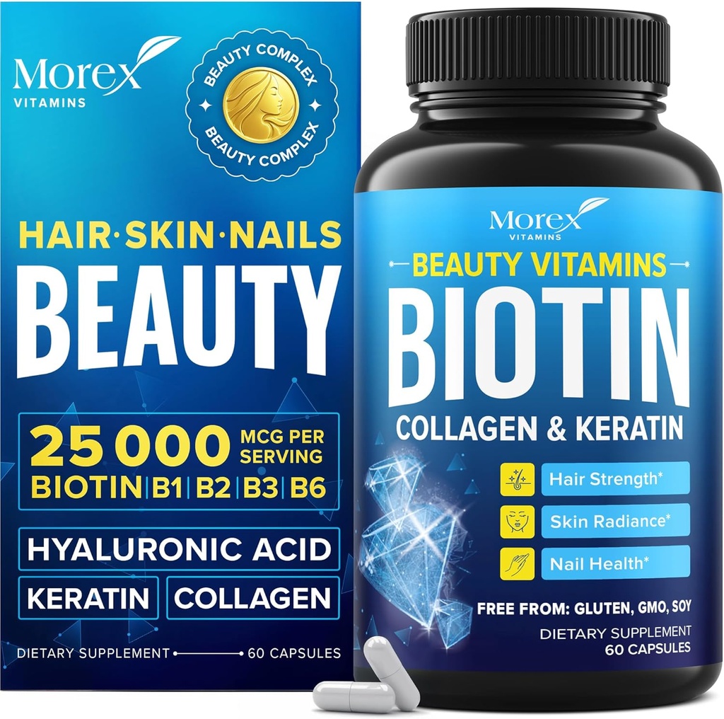 Biotin Keratin & Collagen kapsler - Lavet i USA - Natural Collagen, Keratin & Biotin til hårvækst - Biotin & Collagen vitaminer med Multi Collagen peptider til hårtab, hud & negle - 60 Caps