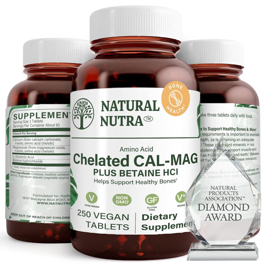 Naturlig Nutra Chelated Calcium Magnesium 1000 / 500 mg Kosttilskud Plus betain HCL - Cal Mag Forbedrer knogledensitet, understøtter muskler, tænder, kardiovaskulær & nerve sundhed, 250 Veganske tabletter