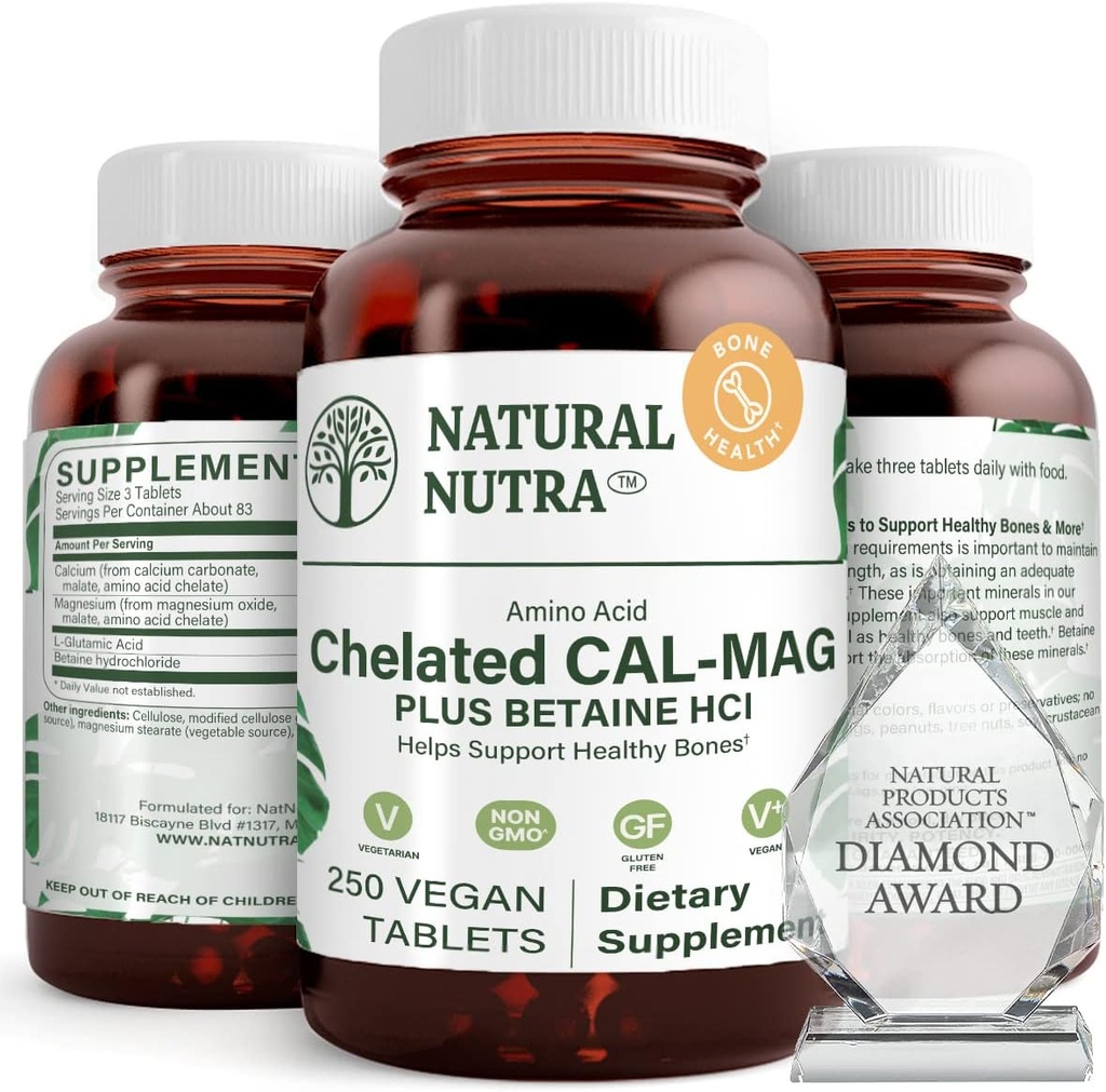 Naturlig Nutra Chelated Calcium Magnesium 1000 / 500 mg Kosttilskud Plus betain HCL - Cal Mag Forbedrer knogledensitet, understøtter muskler, tænder, kardiovaskulær & nerve sundhed, 250 Veganske tabletter