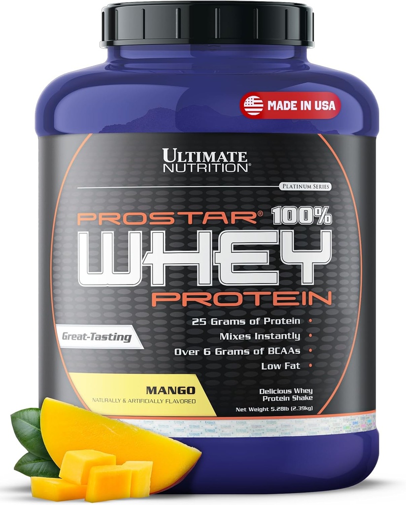 Ultimate Nutrition Prostar Whey Protein Powder Isolate, Mango - Low Carb, High Protein Powder Shake for Muscle Gain & Recovery - Lavnatrium, Low- Fat & Keto Friendly - 5.28 lbs Tub