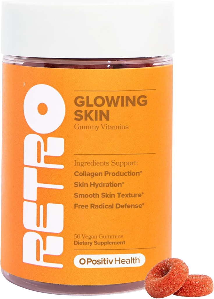 O Positiv RETRO Gummy glødende hud vitaminer til Collagen Production- Astaxanthin, E-vitamin, Bamboo ekstrakt, Hibiscus & C-vitamin - Vegan hud gummies for Glat Skin & Hydration, 50 Count (pakke med 1)