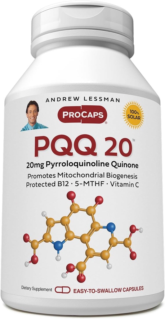 ANDREW LSSMAN PQQ 20mg - 240 kapsler - 20mg Pyrroloquinoline Quinone, Natural Protective Compound Supports Vital Organs, Heart, Brain, Lever, immunsystem. Mitokondriel Biogenese, Ingen tilsætningsstoffer