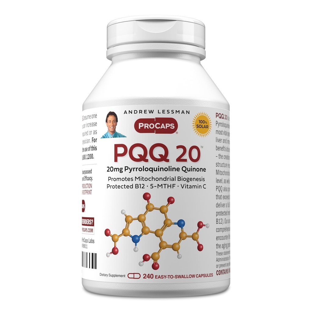 ANDREW LSSMAN PQQ 20mg - 240 kapsler - 20mg Pyrroloquinoline Quinone, Natural Protective Compound Supports Vital Organs, Heart, Brain, Lever, immunsystem. Mitokondriel Biogenese, Ingen tilsætningsstoffer