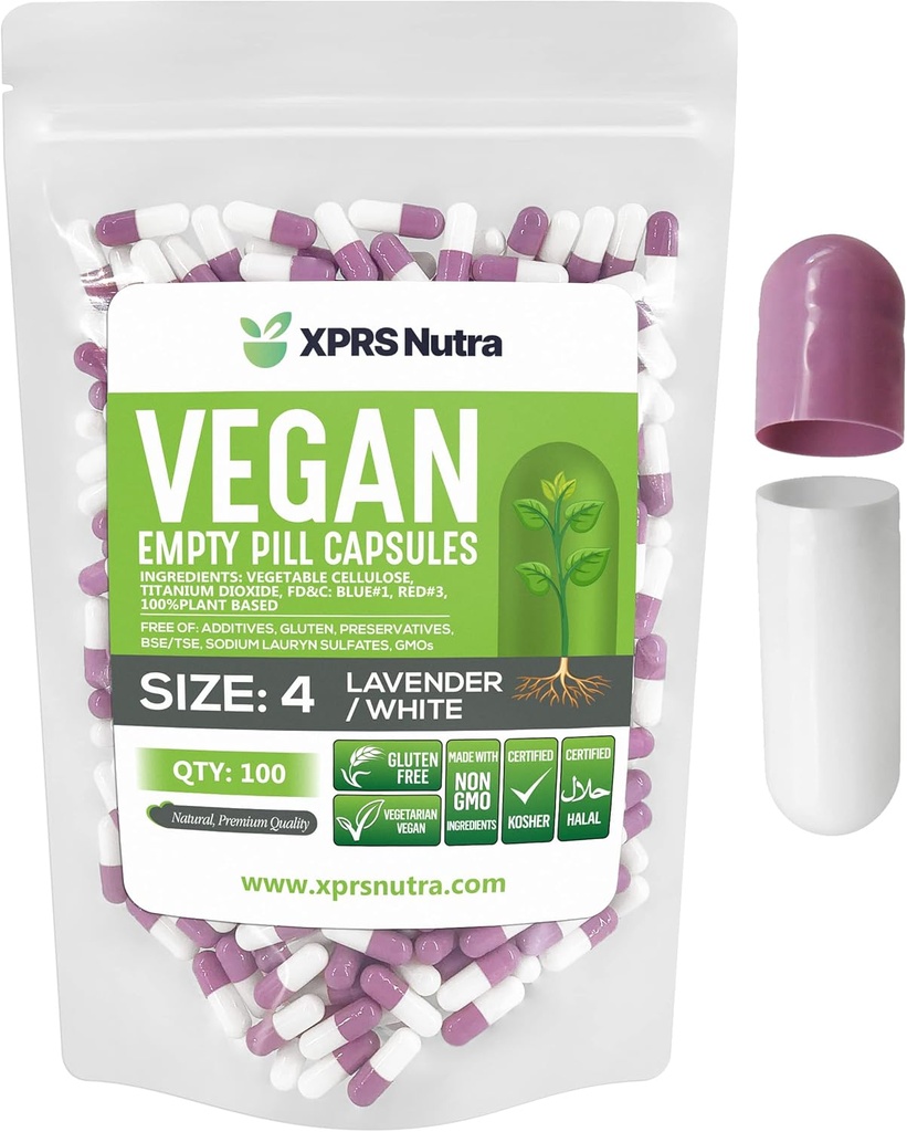 XPRS Nutra Størrelse 4 Tomme kapsler - 500 Greve små tomme Veganske kapsler - Vegetariske piller - DIY vegetabilsk kapsel Fyldning - Fyldelig Do- It- Yourself Veggie Caps til kosttilskud (Lavendel / hvid)