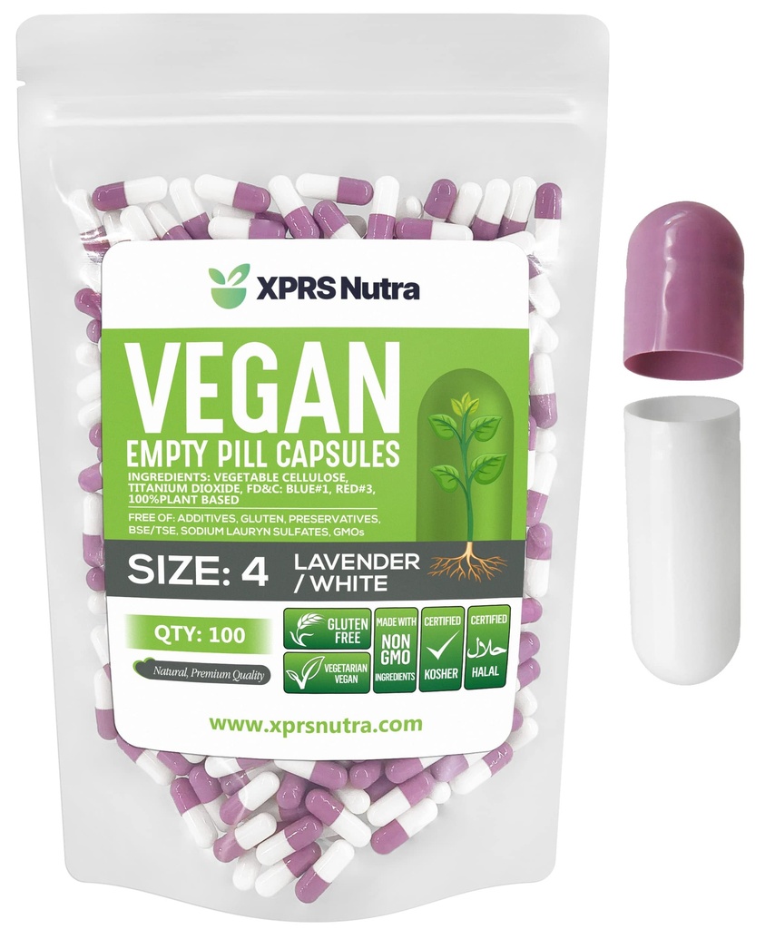 XPRS Nutra Størrelse 4 Tomme kapsler - 500 Greve små tomme Veganske kapsler - Vegetariske piller - DIY vegetabilsk kapsel Fyldning - Fyldelig Do- It- Yourself Veggie Caps til kosttilskud (Lavendel / hvid)
