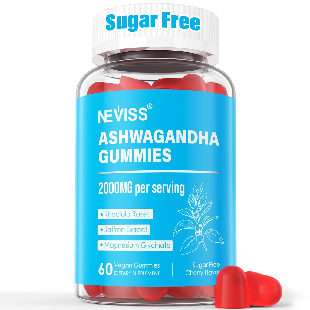 Sugar Free Ashwagandha Gummies - med Magnesium Glycinate, Rhodiola Rosea, Zink, Lemon Balm, B6 - Afslapning Support, Natural Zzz, Stamina, Energi til mænd Kvinder - 60 Counts