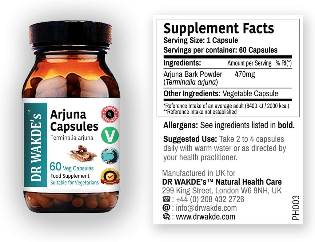 DR WAKDEs Arjuna Kapsler (Terminalia arjuna) Name 124; 60 Veg Caps konsekvente 124; Ayurvedic Supplement
