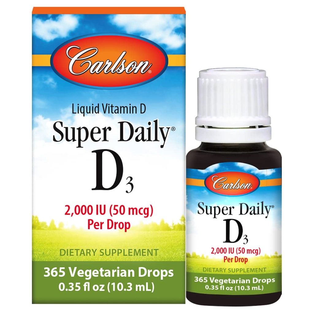 Carlson - Super Daily D3, D-vitamin dråber, 2.000 IE per dråbe, 1-års forsyning, D-vitamin væske, hjerte & immunforsvar, vegetar, flydende D-vitamin dråber, Unflavored, 365 dråber