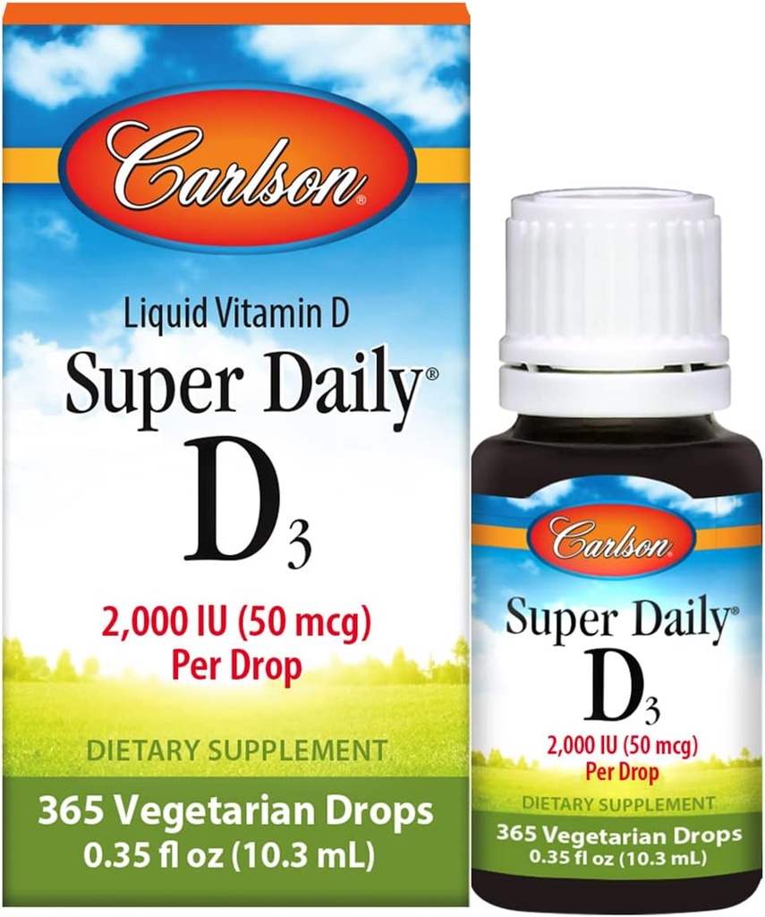 Carlson - Super Daily D3, D-vitamin dråber, 2.000 IE per dråbe, 1-års forsyning, D-vitamin væske, hjerte & immunforsvar, vegetar, flydende D-vitamin dråber, Unflavored, 365 dråber