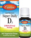 Carlson - Super Daily D3, D-vitamin dråber, 2.000 IE per dråbe, 1-års forsyning, D-vitamin væske, hjerte & immunforsvar, vegetar, flydende D-vitamin dråber, Unflavored, 365 dråber