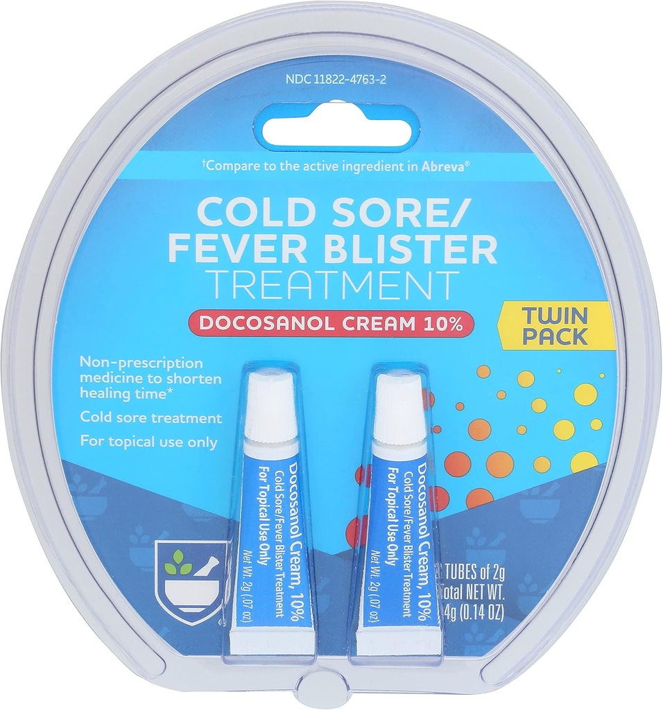 Rite Aid Cold Sore Cream for Cold Sore og Fever Blister, Docosanol Cream 10%, Cold Sore Treatment for Lips for Face, Non- Preciption Medicine to Shorten Healing Time, 0,07 oz - 2 Tubes