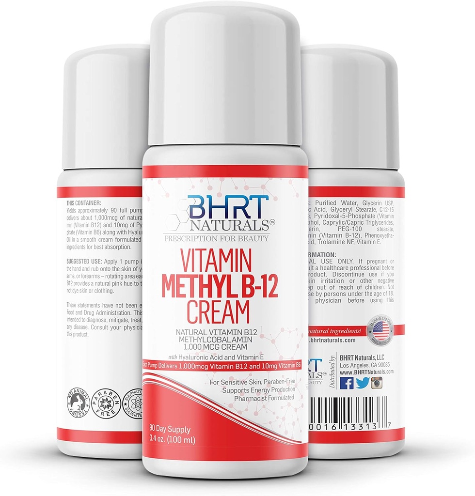 Vitamin B12 Cream 1000mcg - Pharmacist Formuleret - Alle naturlige methylcobalamin (methyl B12) & Vitamin B6 Cream til energi, mad, & Heart Health - Hjælper med Eczema & Psoriasis - USA MADE