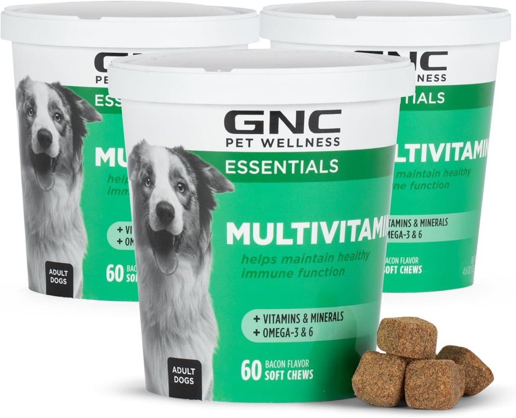 GNC Kæledyr Essentials Hund Multivitamin Soft Chews, Salmon Oil Dog supplement i Bacon Flavor, immunbooster og hud og Coat Support Chewable med vitaminer og mineraler, 60 Greve - 3 Pack