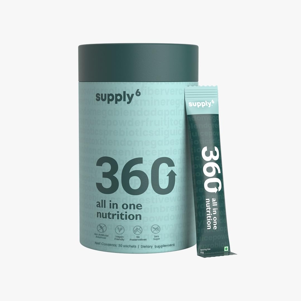 SUPPLY6 360 Grønne Pulver med 80 + Superfoods, Ayurvedic urter, Vitamin, Mineraler, Probiotika & Botantics