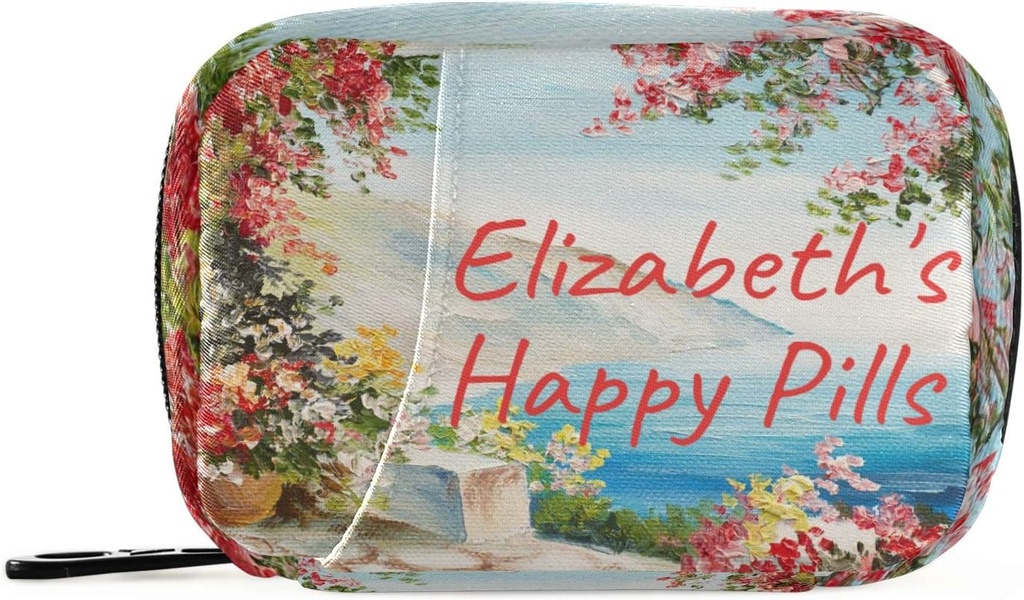 Custom Pill Box 7 Dag Pill Case Bag Oliemaleri Sea Blomster Personaliseret Navn Rejse Pill Organizer Bag med lynlås Portable ugentlige sag Kompakt størrelse for Vitamin Supplement Holder