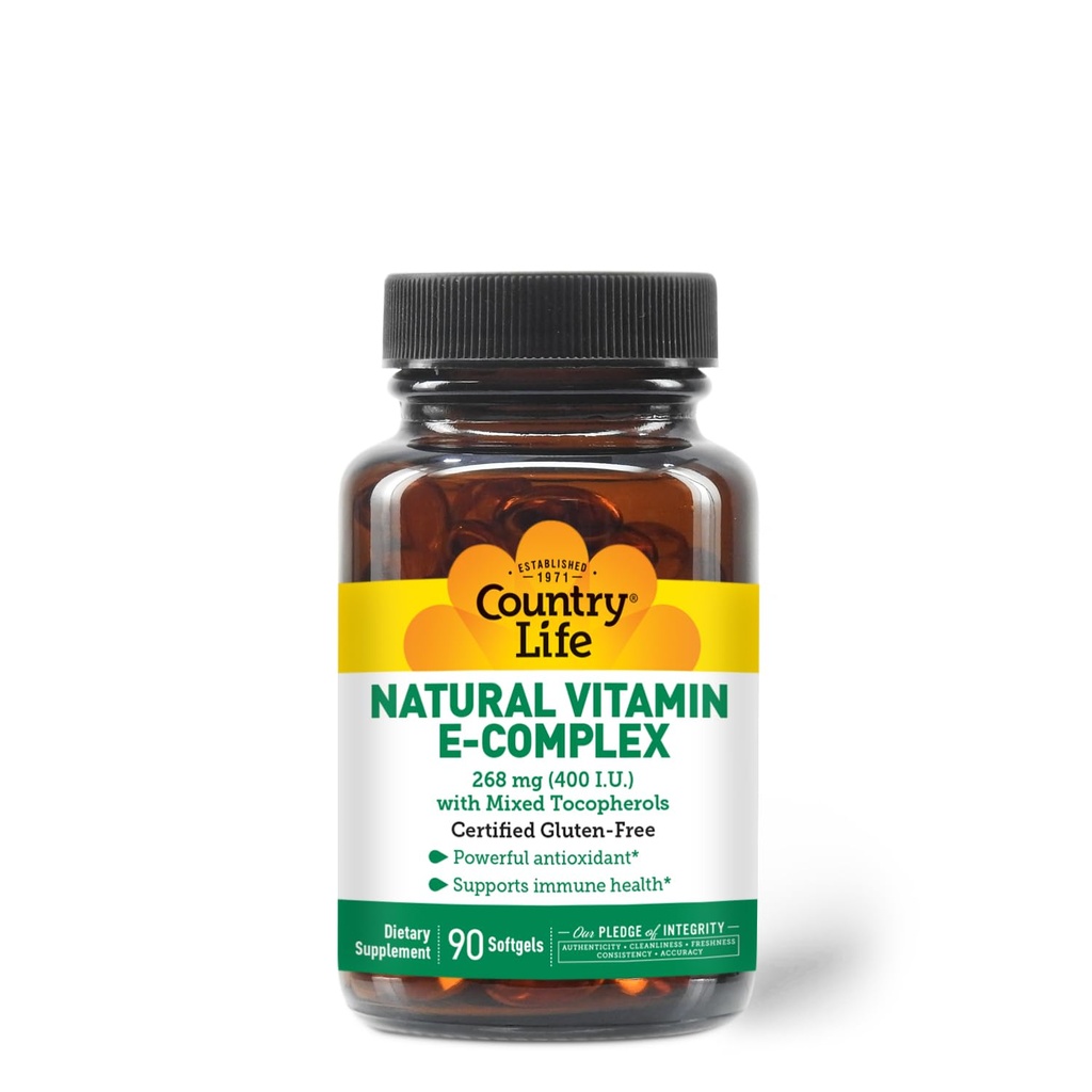 Country Life Vitamin E- Complex 400 IE - Naturlige blandede tocopheroler - Antioxidant & immunstøtte - fremmer hud sundhed & kæmper oxiderende stress - Certificeret Gluten- Free - 90 Softgels