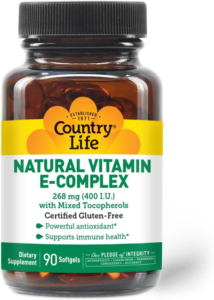 Country Life Vitamin E- Complex 400 IE - Naturlige blandede tocopheroler - Antioxidant & immunstøtte - fremmer hud sundhed & kæmper oxiderende stress - Certificeret Gluten- Free - 90 Softgels